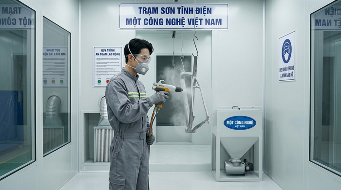 Công nhân phun sơn tĩnh điện sử dụng đồ bảo hộ và khẩu trang lọc bụi