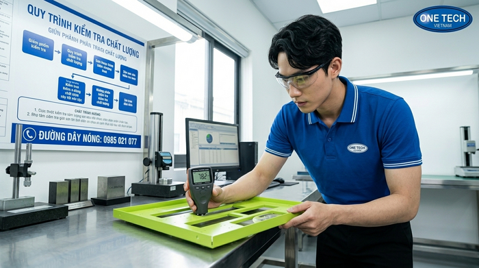 Độ dày lớp sơn tĩnh điện chuẩn Kiểm tra độ dày lớp sơn tĩnh điện bằng thiết bị đo chuyên dụng