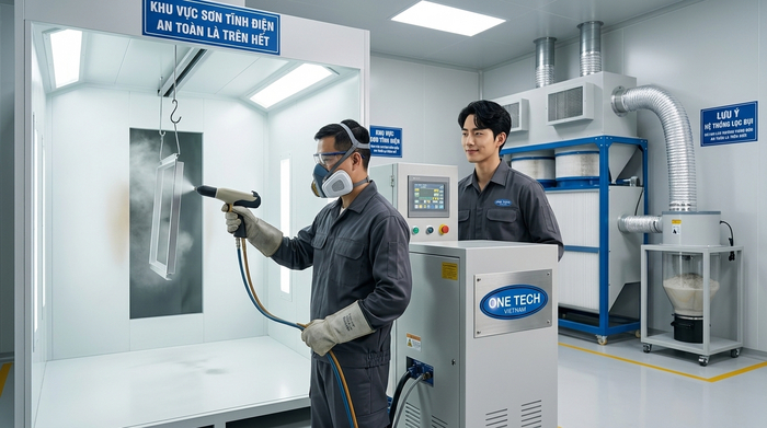 An toàn lao động trong xưởng sơn tĩnh điện với thiết bị bảo hộ và hệ thống lọc bụi