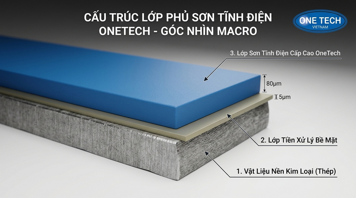 Minh họa cấu tạo lớp sơn tĩnh điện trên bề mặt kim loại tại Hà Nội