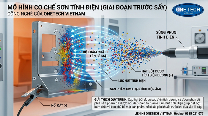 Minh họa cơ chế bột sơn tĩnh điện bám lên bề mặt kim loại trước khi sấy