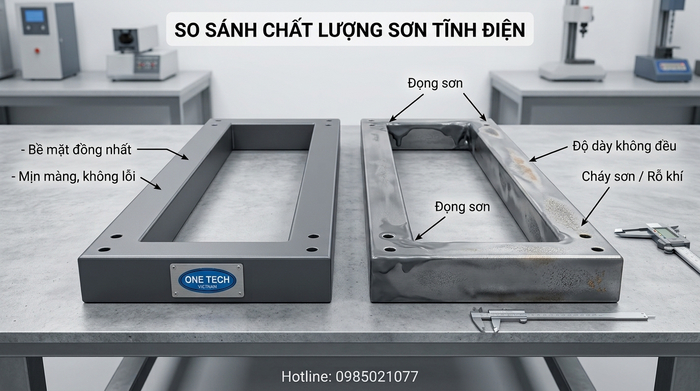 So sánh lớp sơn tĩnh điện phủ đều và lớp phủ không đồng nhất trên kim loại