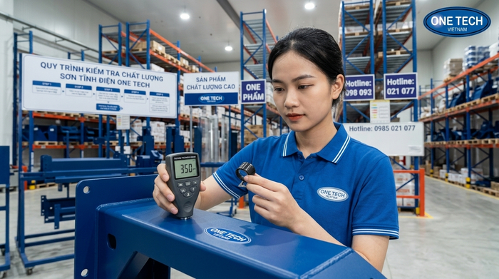 Kỹ thuật viên kiểm tra độ dày và bề mặt lớp sơn tĩnh điện sau khi hoàn thiện