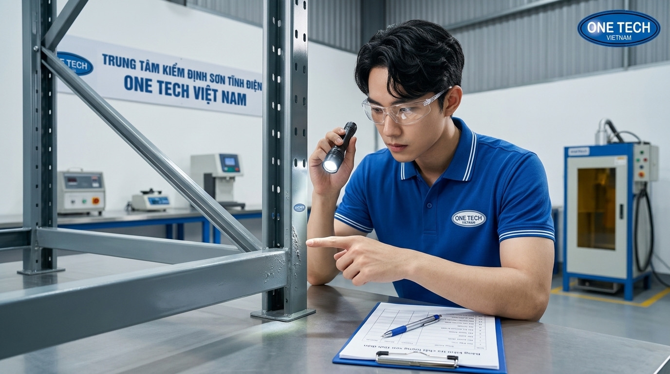 Đánh giá chất lượng sơn tĩnh điện Hà Nội trước khi xử lý Kỹ thuật viên kiểm tra chất lượng sơn tĩnh điện tại Hà Nội