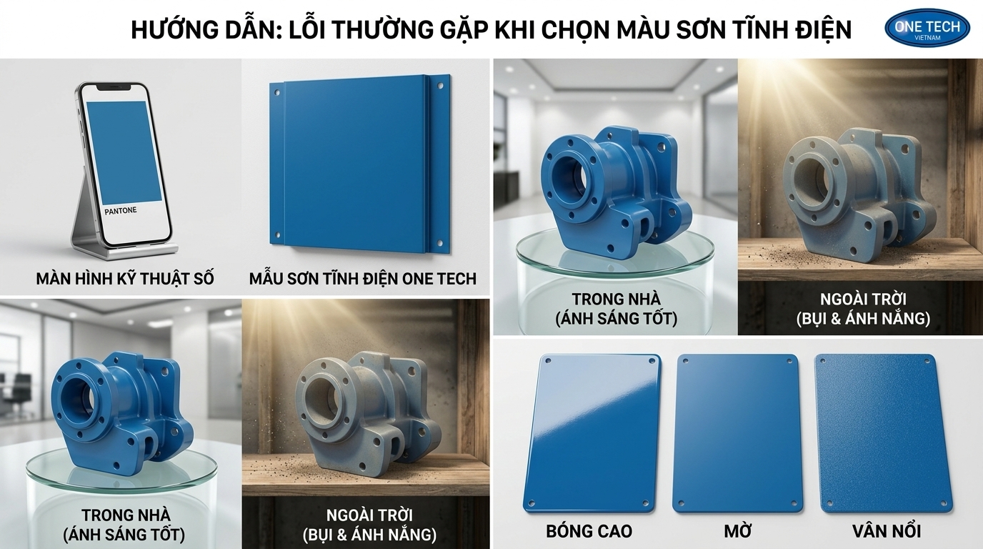 Lỗi thường gặp khi chọn màu sơn tĩnh điện Các lỗi thường gặp khi chọn màu sơn tĩnh điện như chọn qua màn hình bỏ qua môi trường và không duyệt mẫu
