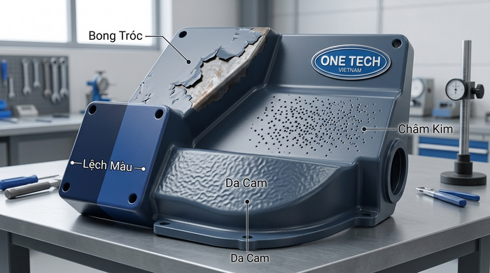 Các lỗi thường gặp trên lớp sơn tĩnh điện như bong tróc châm kim da cam và lệch màu