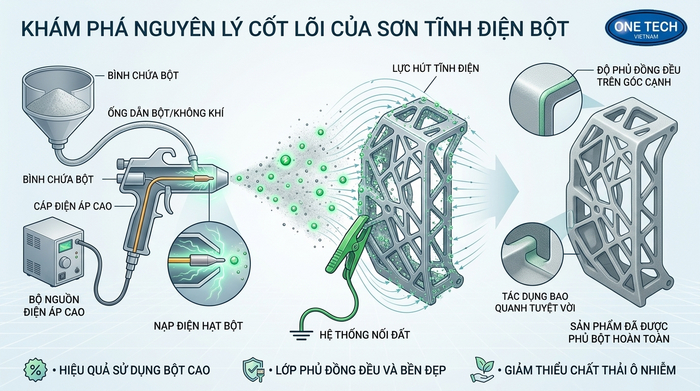 Mô phỏng nguyên lý hoạt động của sơn tĩnh điện khi bột sơn bám vào kim loại