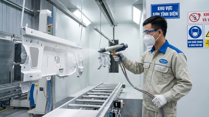 Phun bột sơn tĩnh điện bằng súng chuyên dụng cho sản phẩm kim loại