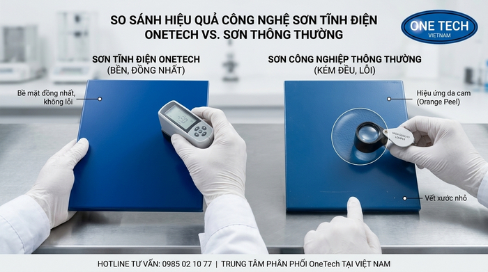 Bảng minh họa so sánh bề mặt sơn tĩnh điện và sơn thông thường trên kim loại