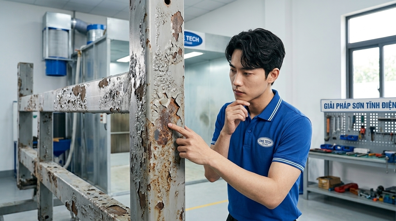 Sơn lại toàn bộ khi sơn tĩnh điện bong tróc nặng Sơn lại toàn bộ bề mặt kim loại khi lớp sơn tĩnh điện bong tróc nặng