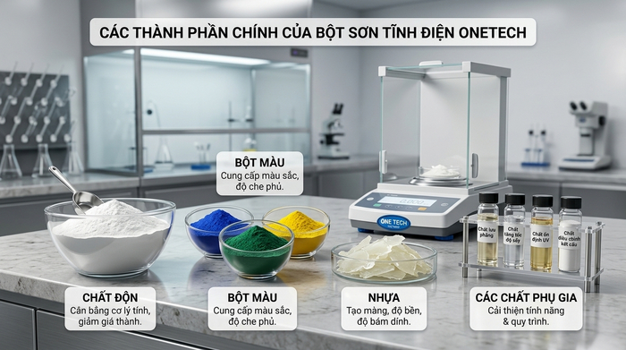 Các thành phần chính trong bột sơn tĩnh điện gồm nhựa màu phụ gia và chất độn