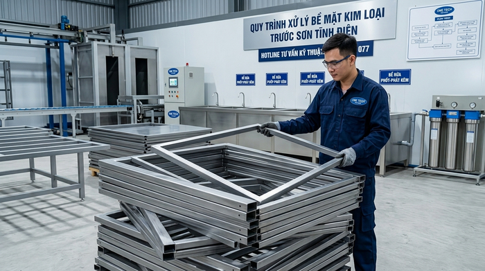 Công đoạn làm sạch và xử lý bề mặt kim loại trước khi sơn tĩnh điện