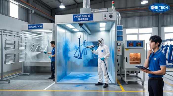 Quy trình sơn tĩnh điện kim loại tại Hà Nội Quy trình sơn tĩnh điện kim loại gồm xử lý bề mặt phun bột và sấy khô